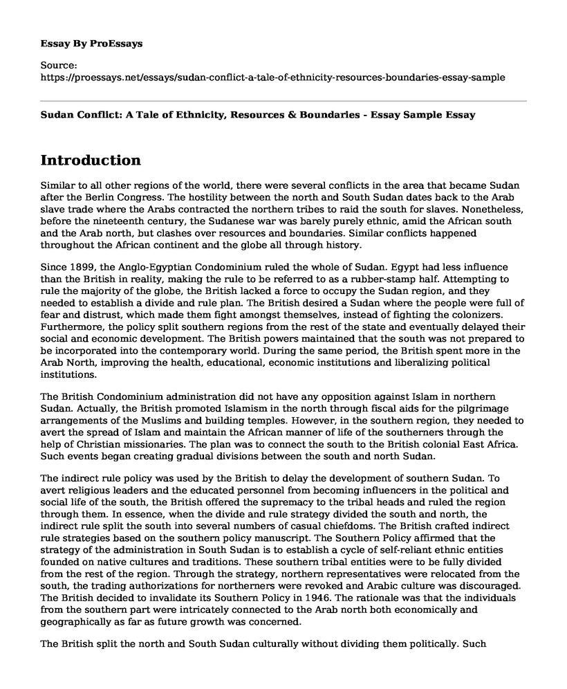 Sudan Conflict: A Tale of Ethnicity, Resources & Boundaries - Essay Sample