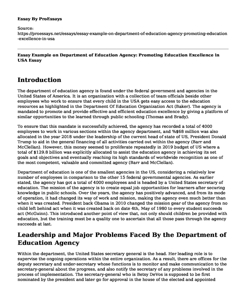 Essay Example on Department of Education Agency: Promoting Education Excellence in USA