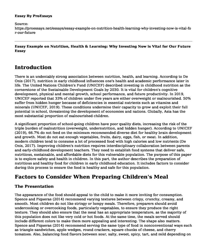 Essay Example on Nutrition, Health & Learning: Why Investing Now is Vital for Our Future