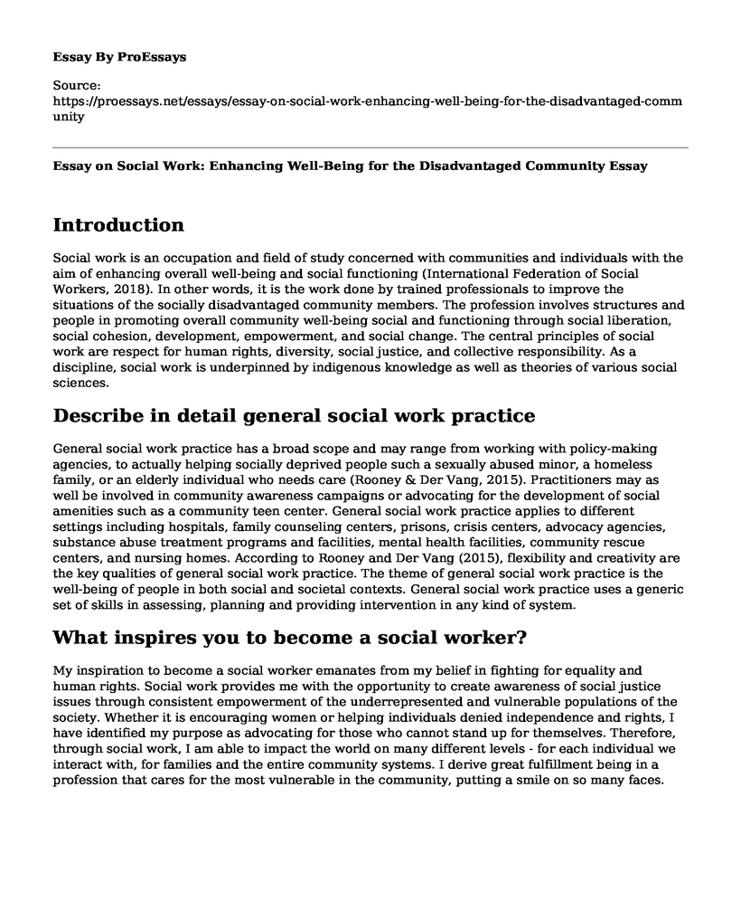 Essay on Social Work: Enhancing Well-Being for the Disadvantaged Community