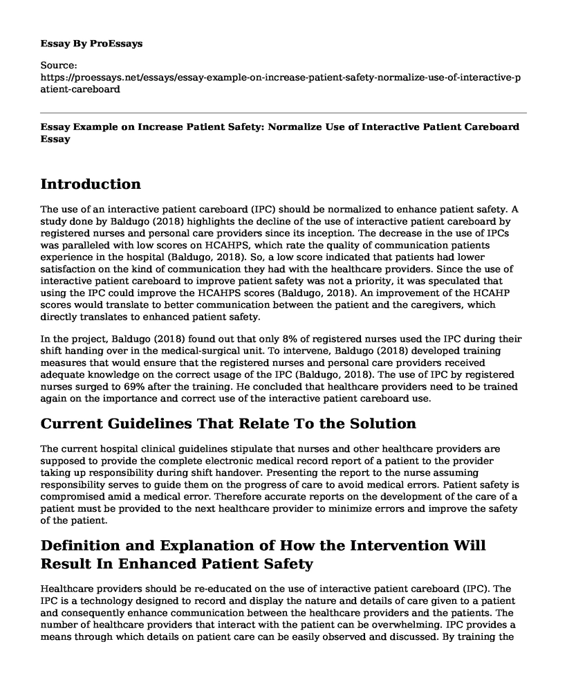 Essay Example on Increase Patient Safety: Normalize Use of Interactive Patient Careboard
