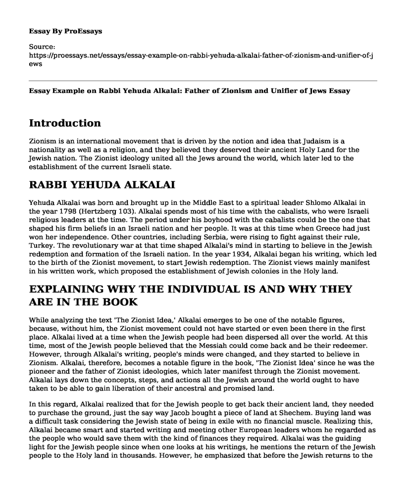 Essay Example on Rabbi Yehuda Alkalai: Father of Zionism and Unifier of Jews