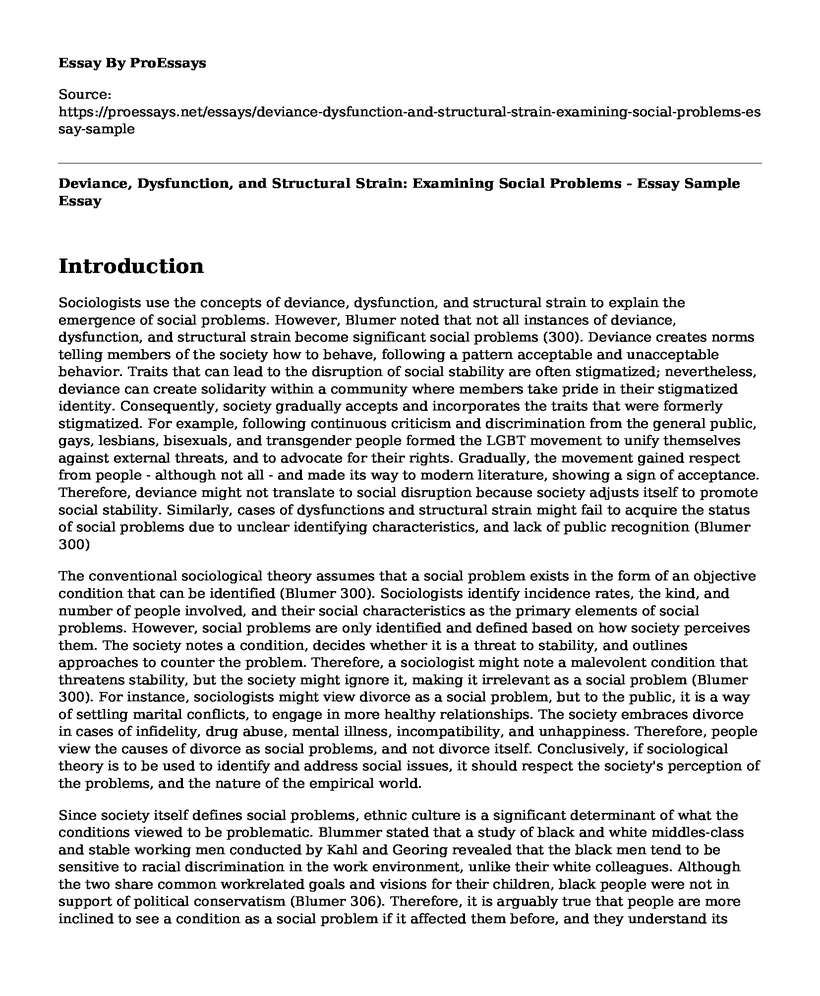 Deviance, Dysfunction, and Structural Strain: Examining Social Problems - Essay Sample