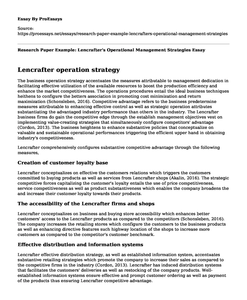 Research Paper Example: Lencrafter's Operational Management Strategies