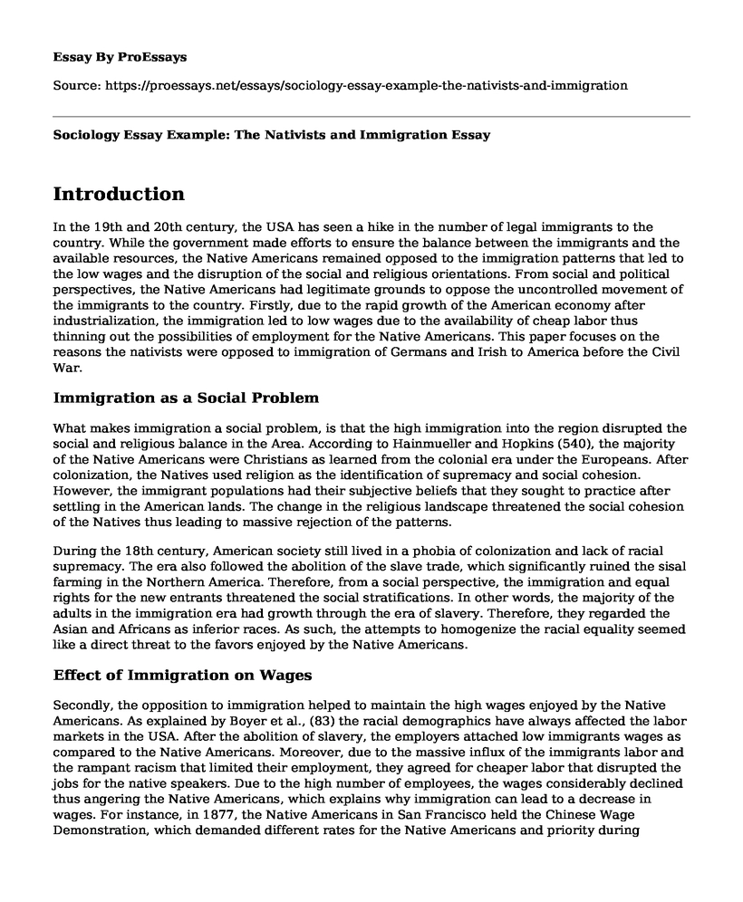 Sociology Essay Example: The Nativists and Immigration