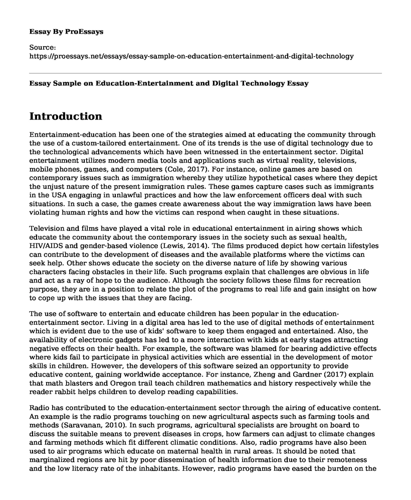 Essay Sample on Education-Entertainment and Digital Technology