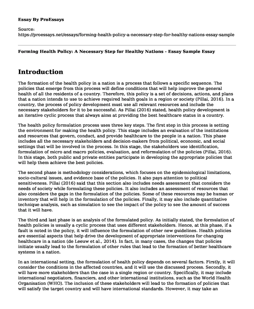 Forming Health Policy: A Necessary Step for Healthy Nations - Essay Sample