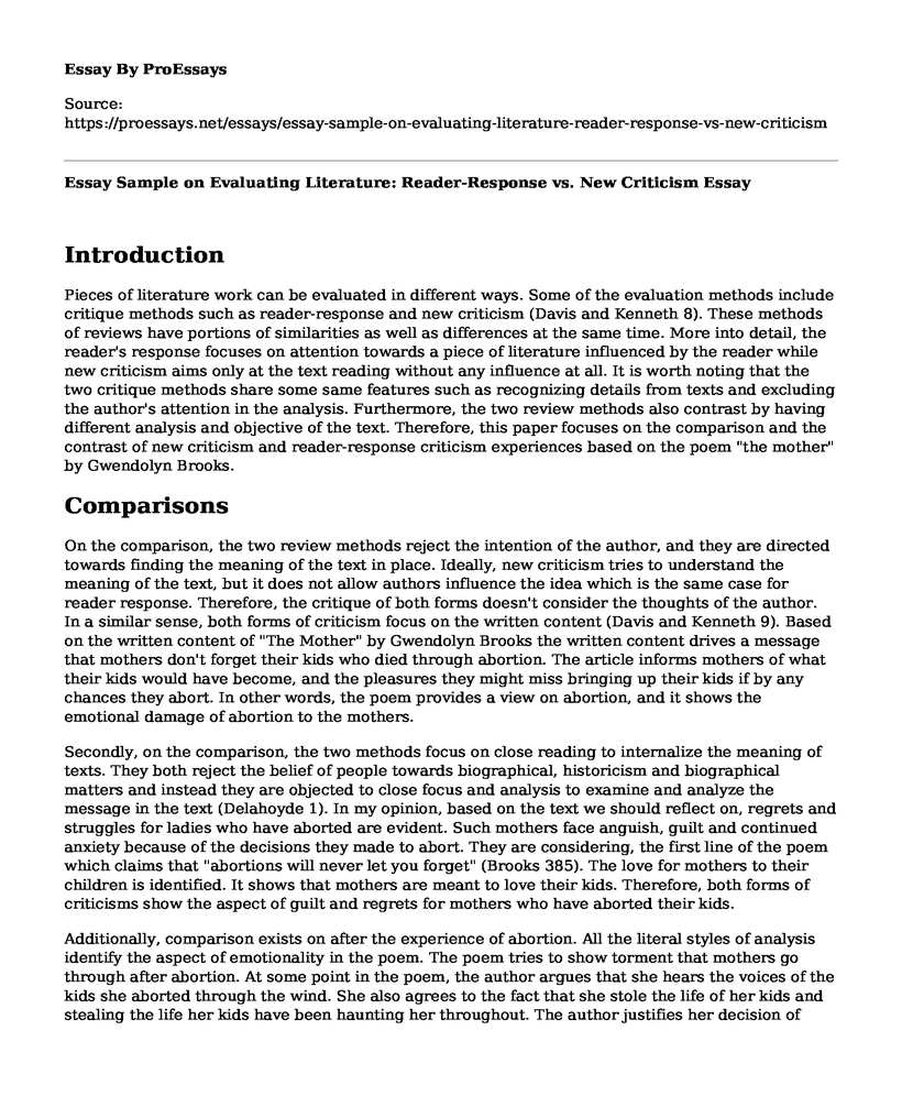  Essay Sample On Evaluating Literature Reader Response Vs New 