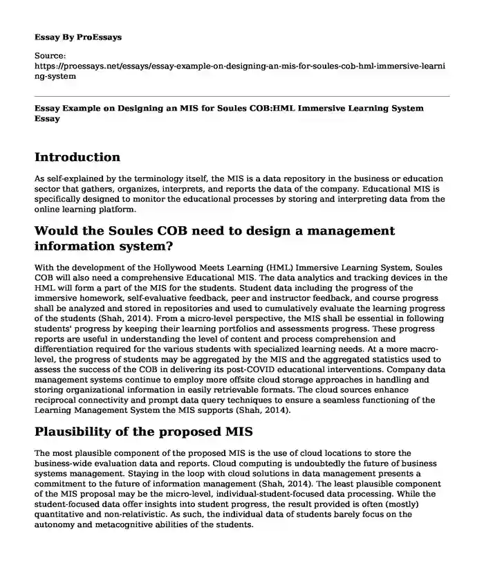 Essay Example on Designing an MIS for Soules COB:HML Immersive Learning System