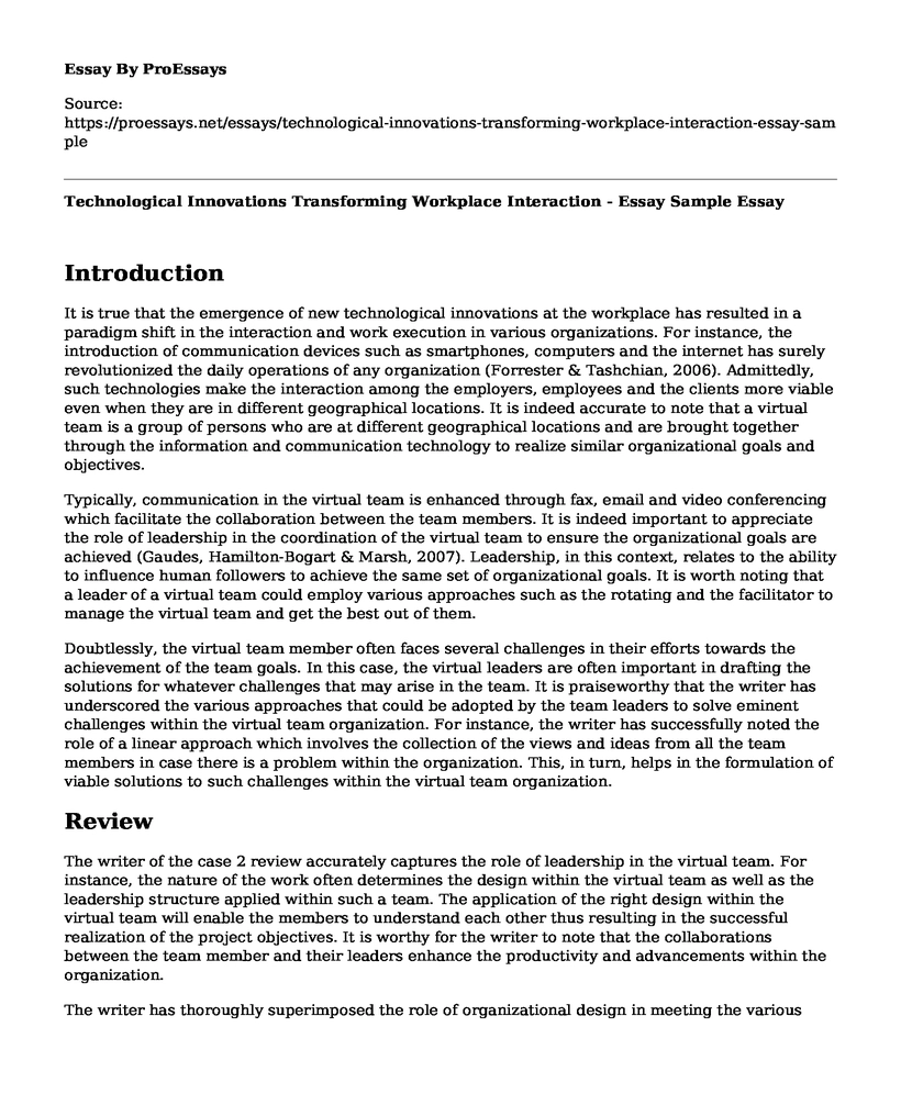 Technological Innovations Transforming Workplace Interaction - Essay Sample