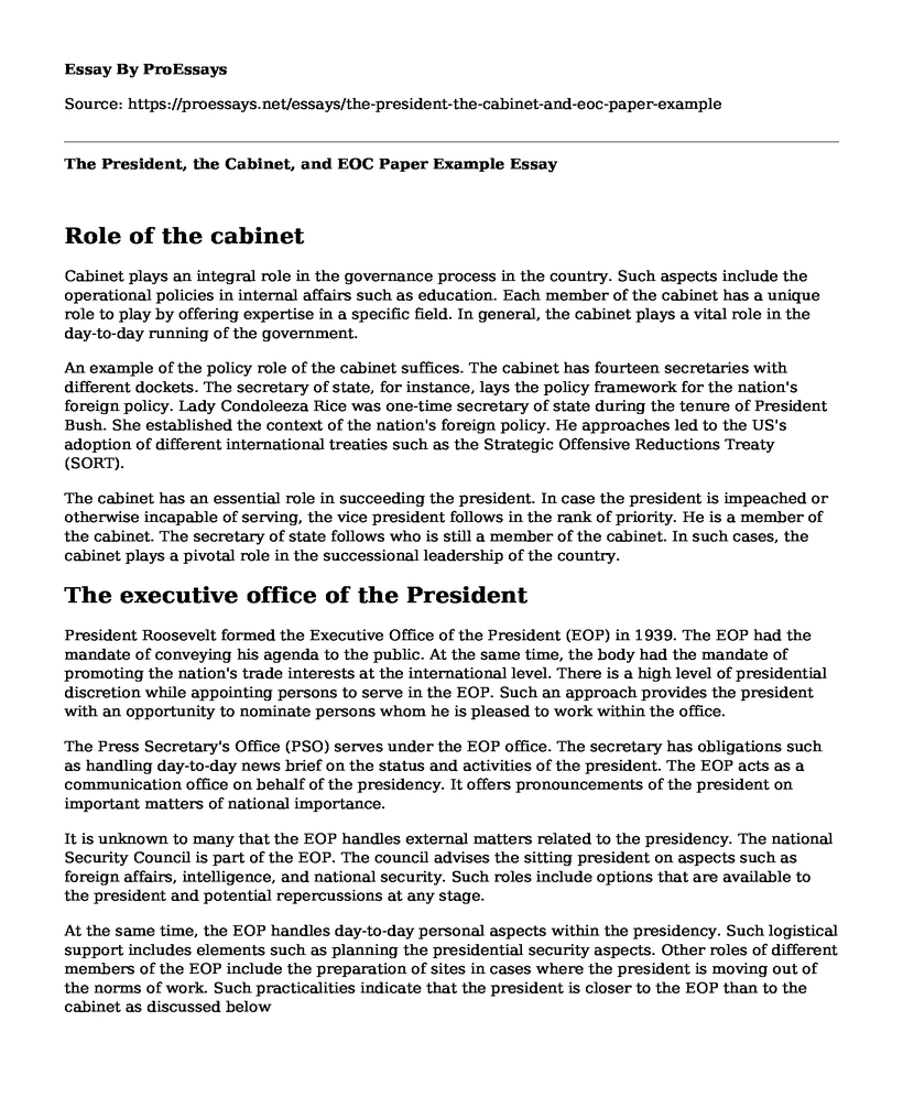 The President, the Cabinet, and EOC Paper Example