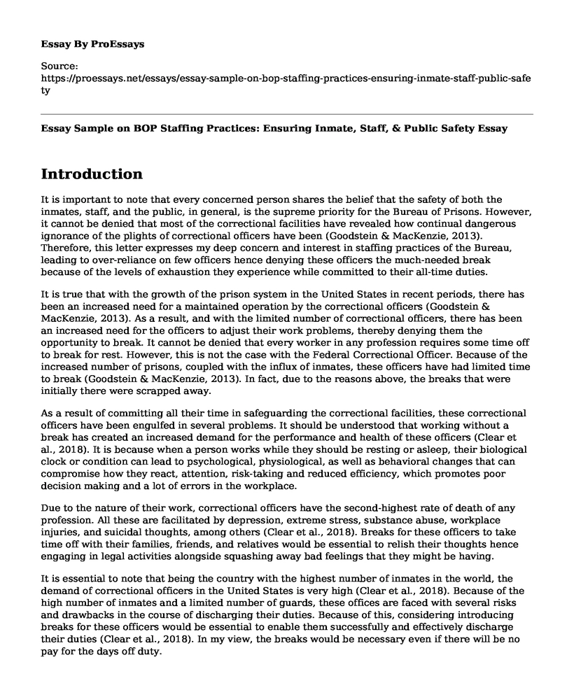 Essay Sample on BOP Staffing Practices: Ensuring Inmate, Staff, & Public Safety