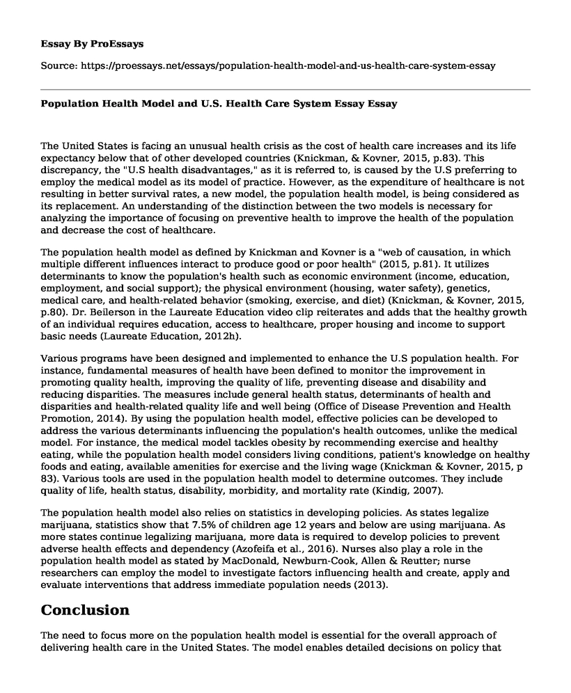 Population Health Model and U.S. Health Care System Essay