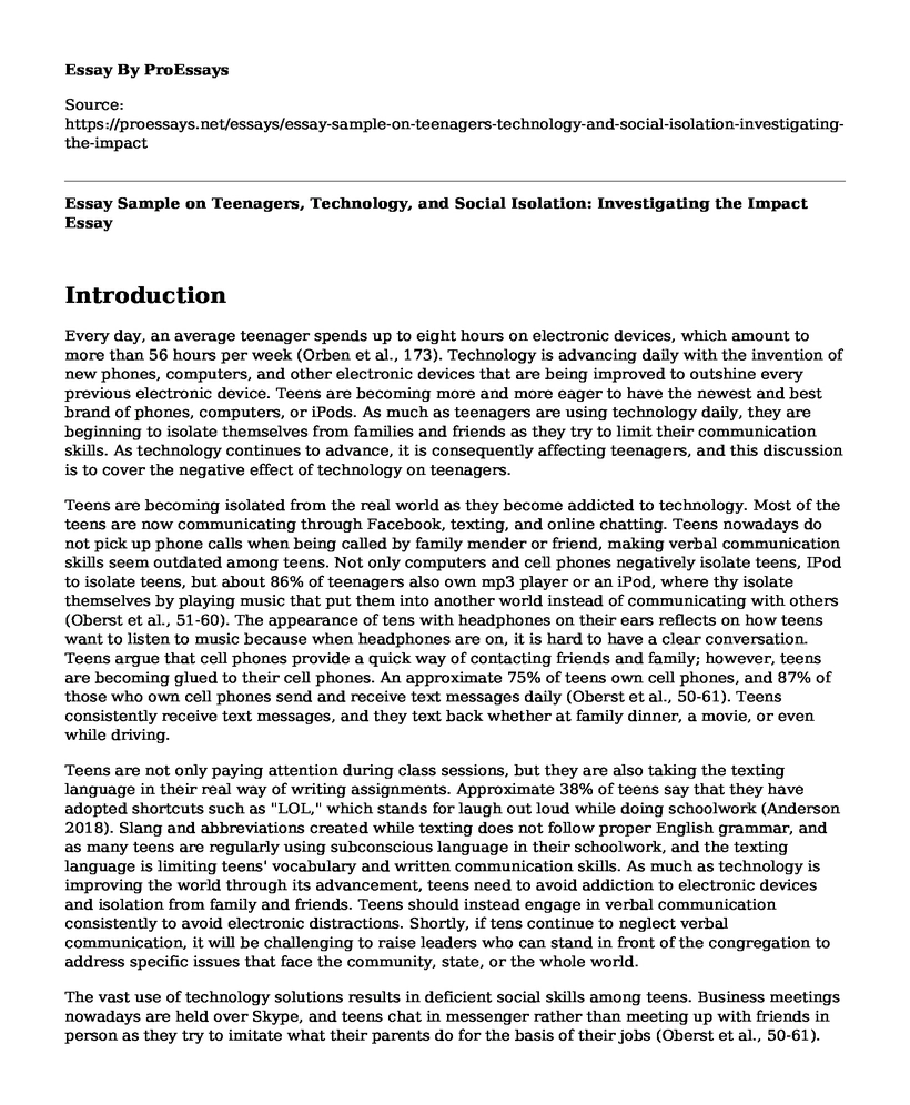 Essay Sample on Teenagers, Technology, and Social Isolation: Investigating the Impact