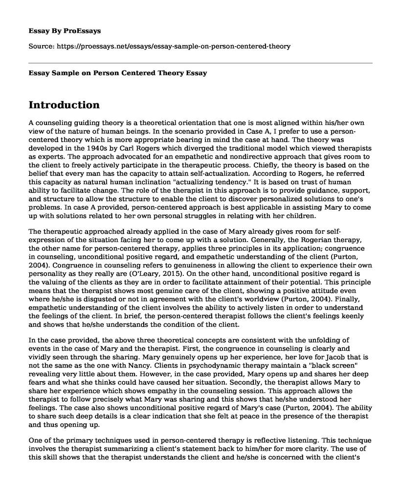Essay Sample on Person Centered Theory