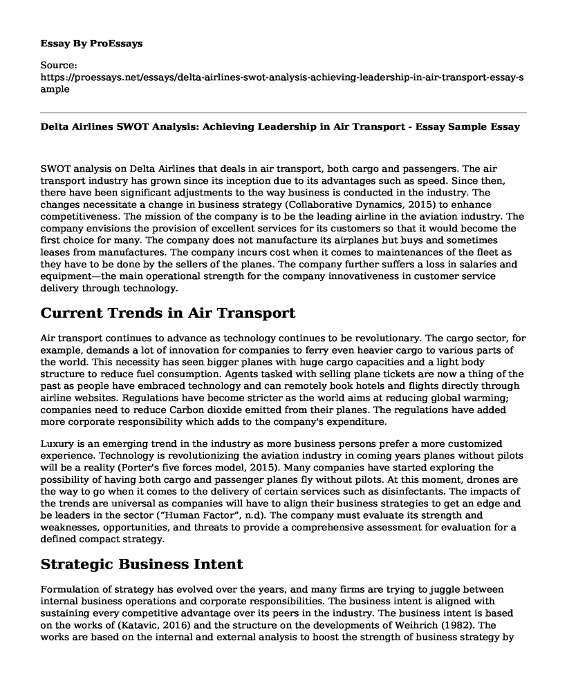 Delta Airlines SWOT Analysis: Achieving Leadership in Air Transport - Essay Sample