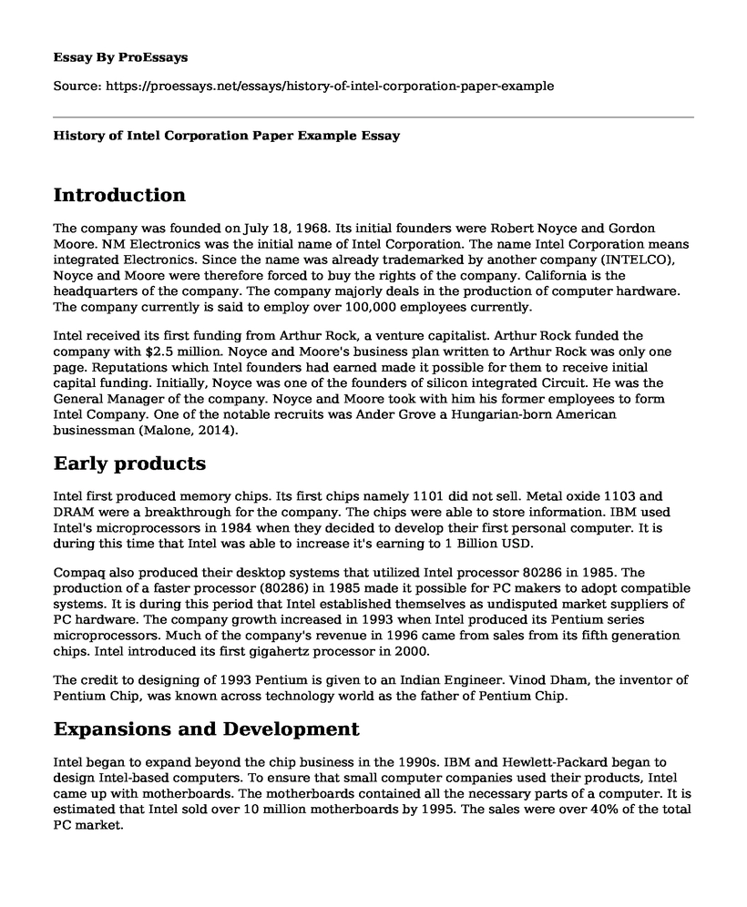 History of Intel Corporation Paper Example