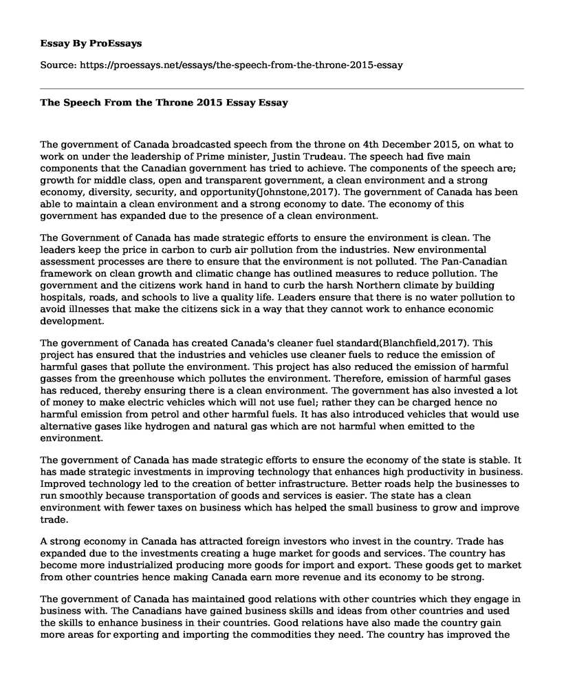 The Speech From the Throne 2015 Essay