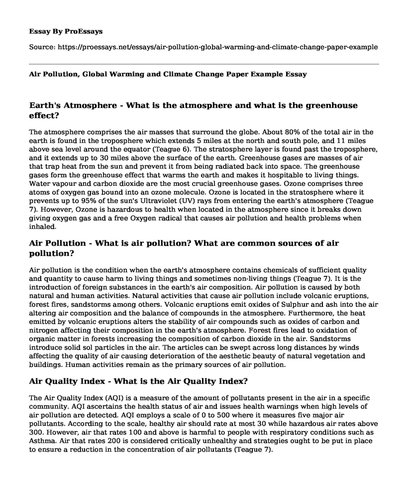 Air Pollution, Global Warming and Climate Change Paper Example