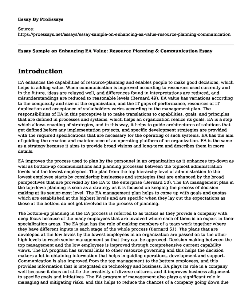 Essay Sample on Enhancing EA Value: Resource Planning & Communication