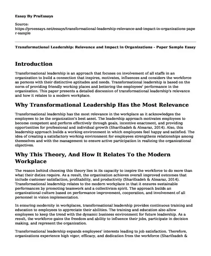Transformational Leadership: Relevance and Impact in Organizations - Paper Sample