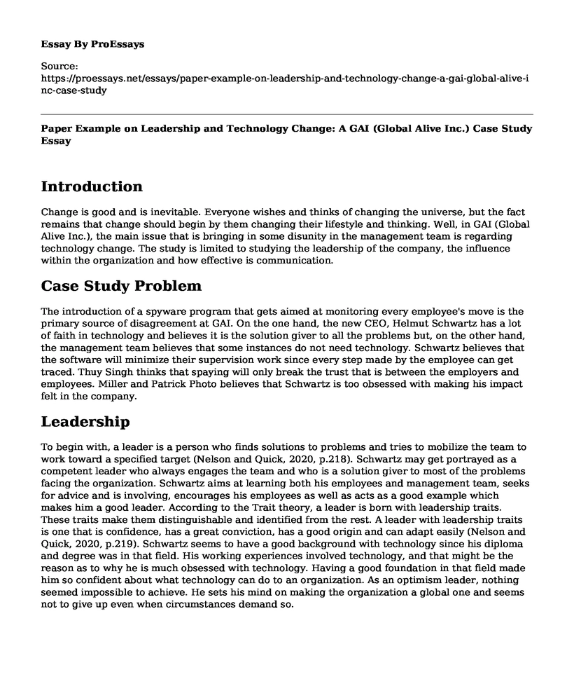 Paper Example on Leadership and Technology Change: A GAI (Global Alive Inc.) Case Study