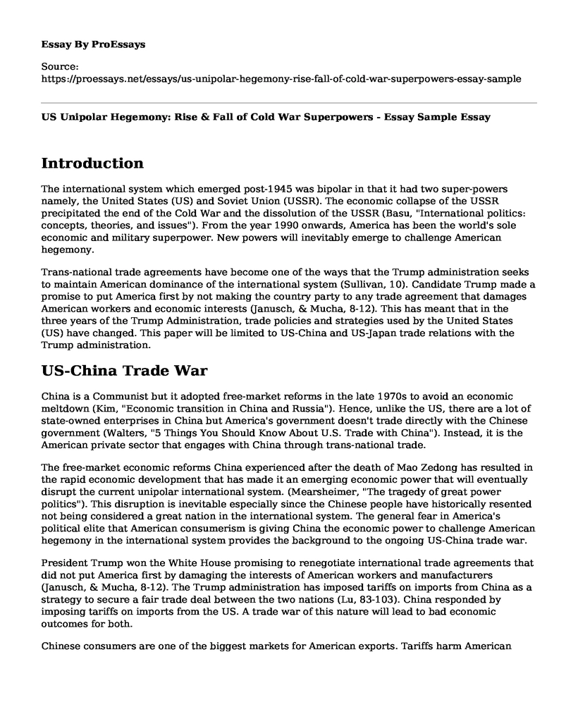 US Unipolar Hegemony: Rise & Fall of Cold War Superpowers - Essay Sample