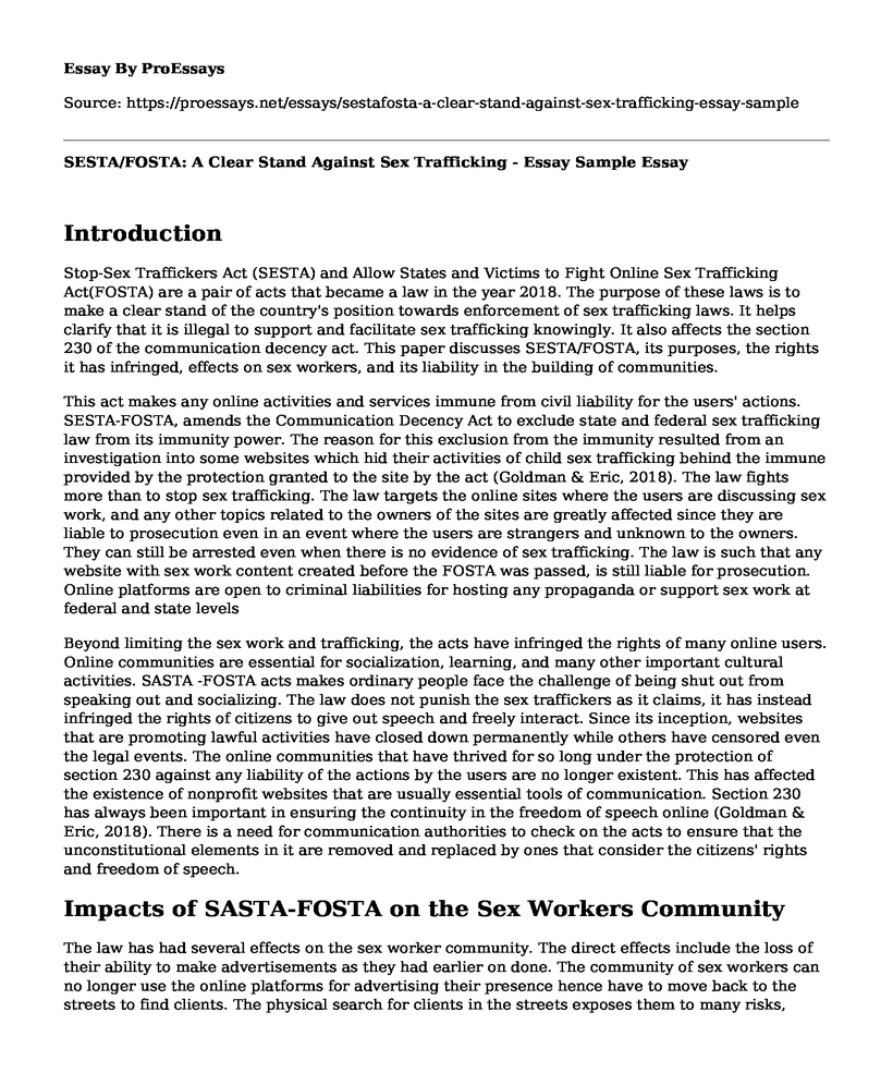 SESTA/FOSTA: A Clear Stand Against Sex Trafficking - Essay Sample