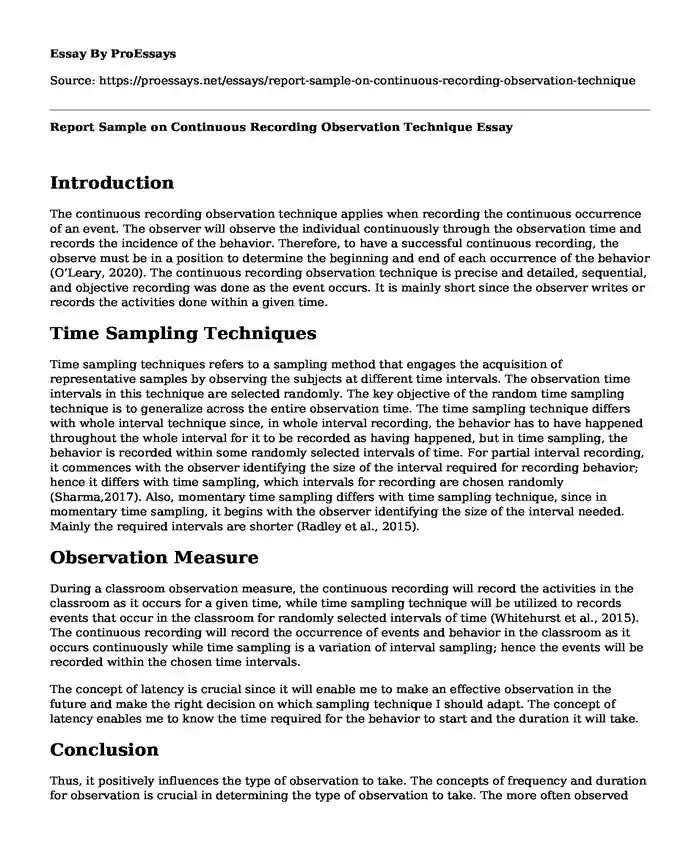 Report Sample on Continuous Recording Observation Technique