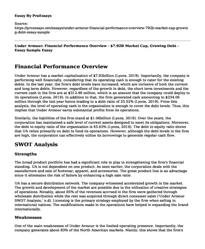 Under Armour: Financial Performance Overview - $7.92B Market Cap, Growing Debt - Essay Sample