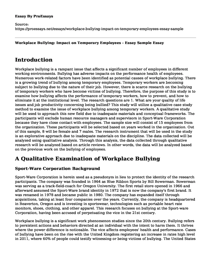 Workplace Bullying: Impact on Temporary Employees - Essay Sample