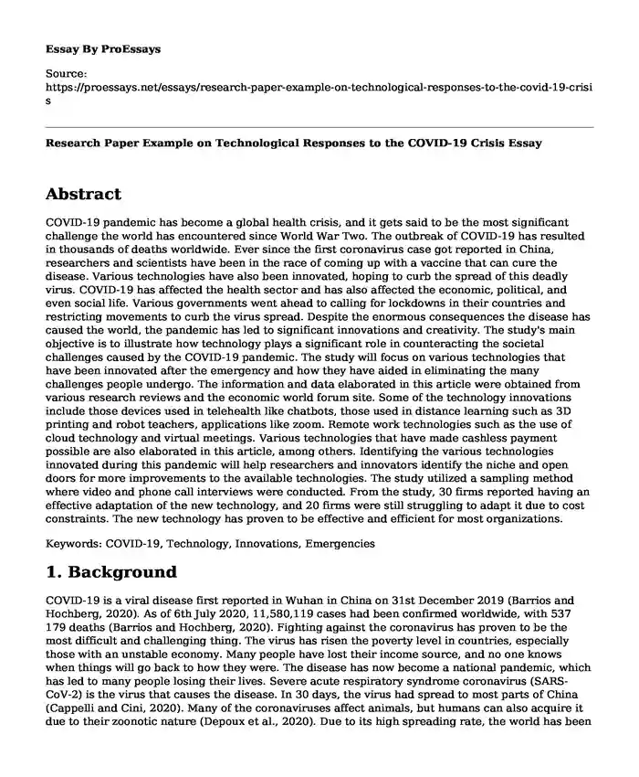 Research Paper Example on Technological Responses to the COVID-19 Crisis
