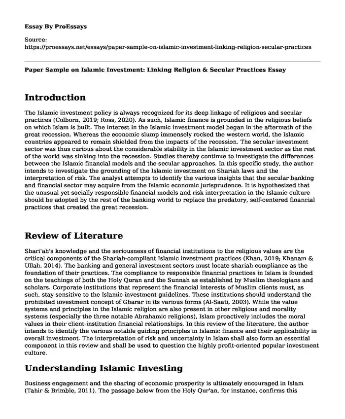 Paper Sample on Islamic Investment: Linking Religion & Secular Practices