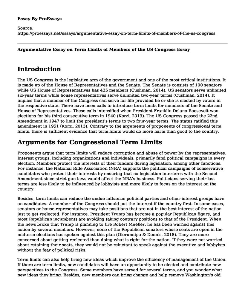 Argumentative Essay on Term Limits of Members of the US Congress