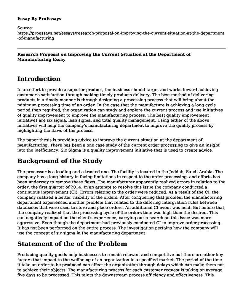 Research Proposal on Improving the Current Situation at the Department of Manufacturing