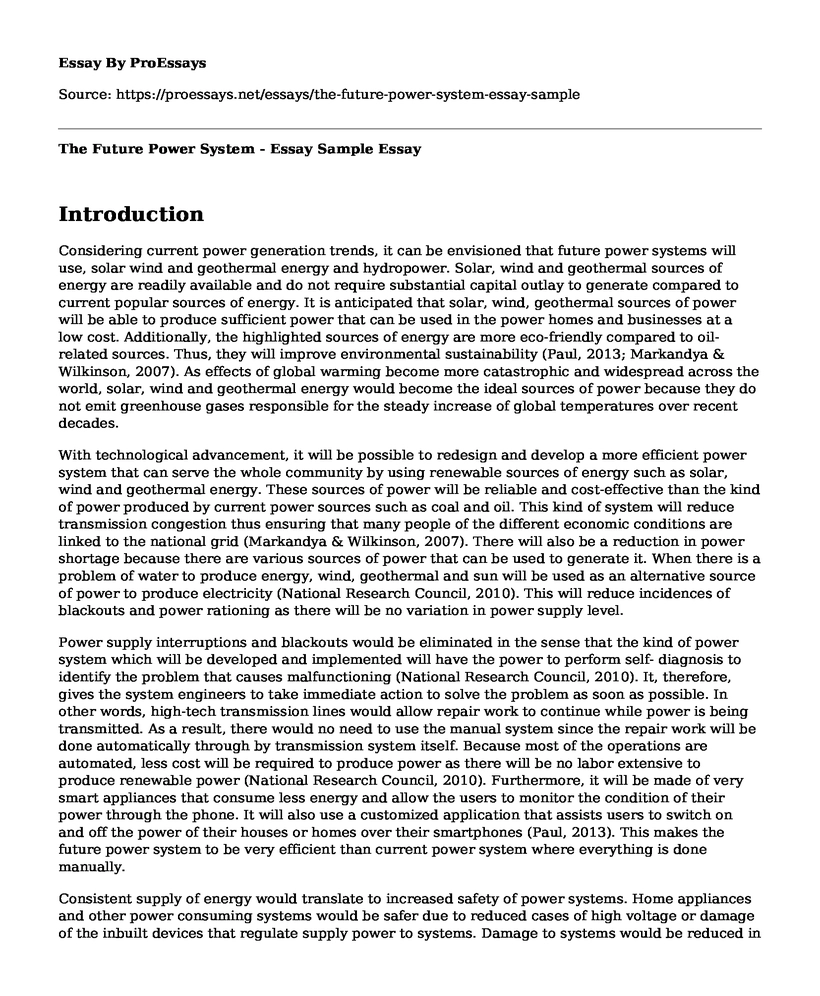 The Future Power System - Essay Sample