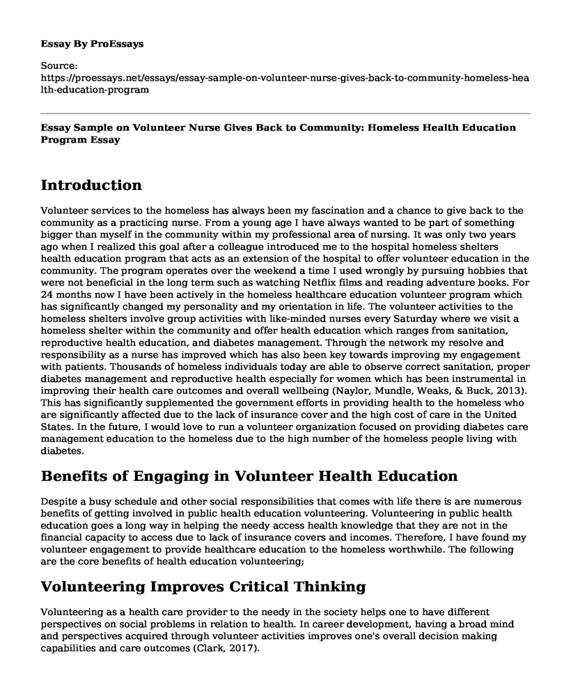 Essay Sample on Volunteer Nurse Gives Back to Community: Homeless Health Education Program