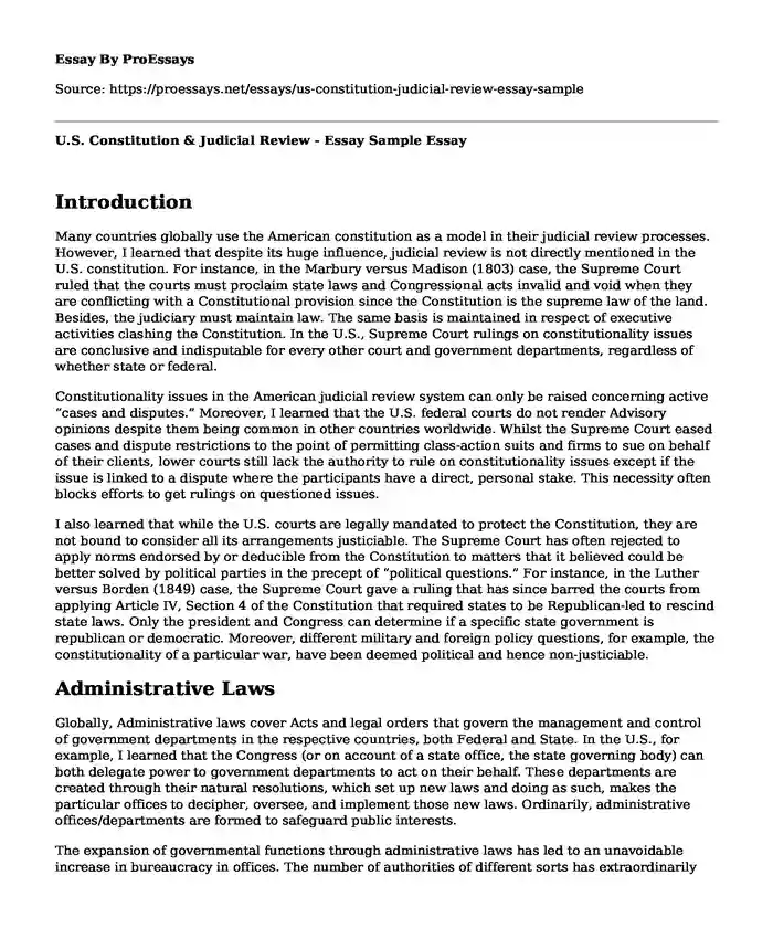 U.S. Constitution & Judicial Review - Essay Sample