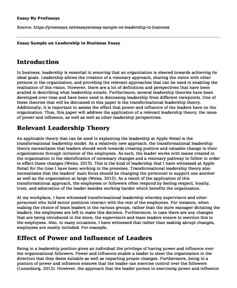 sample of leadership and influence essay