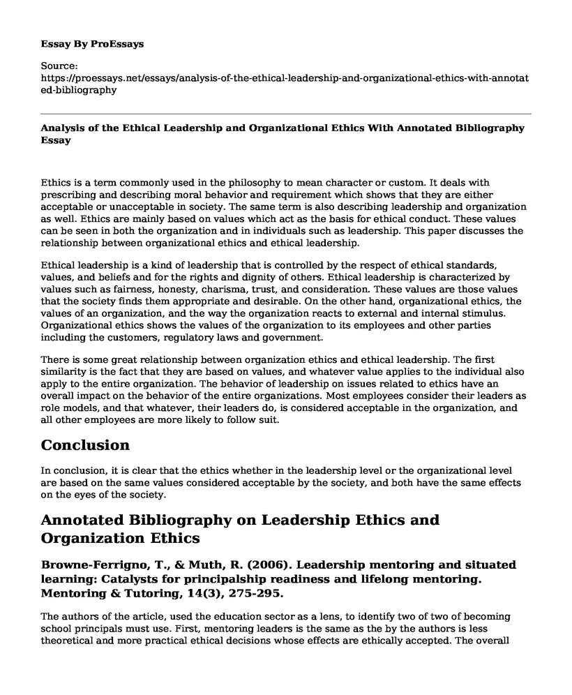 Analysis of the Ethical Leadership and Organizational Ethics With Annotated Bibliography