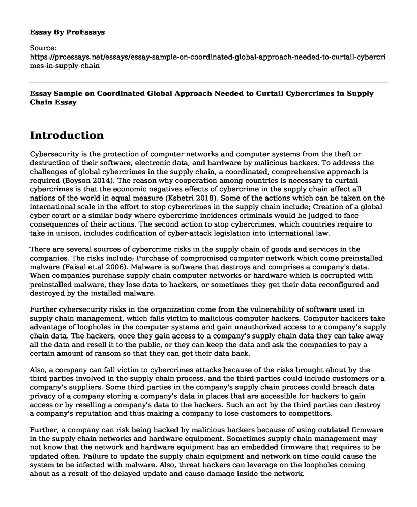 Essay Sample on Coordinated Global Approach Needed to Curtail Cybercrimes in Supply Chain