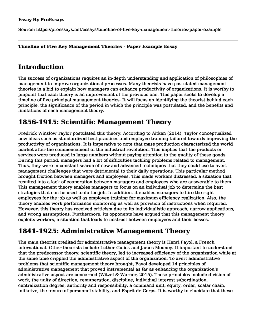 Timeline of Five Key Management Theories - Paper Example