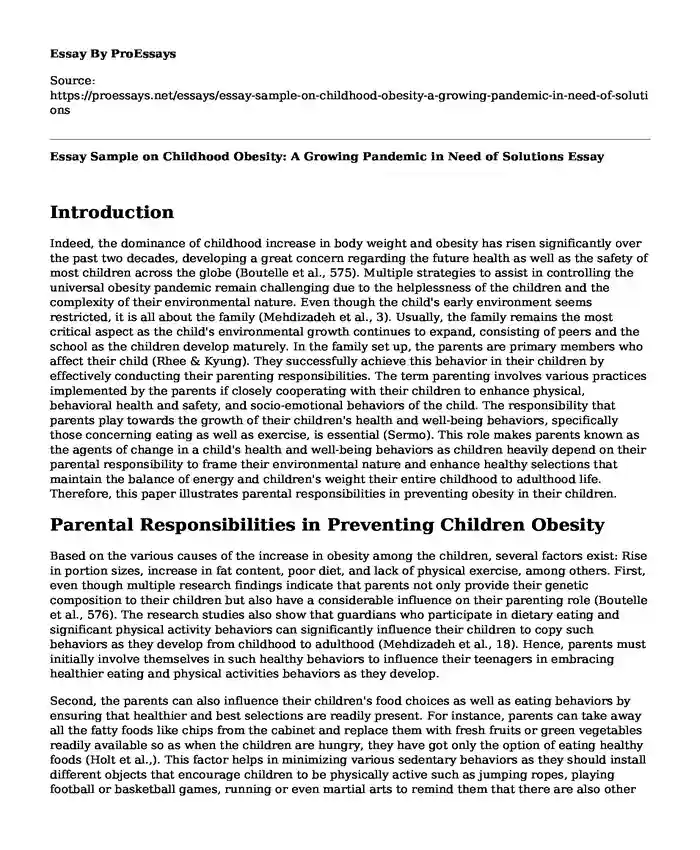 Essay Sample on Childhood Obesity: A Growing Pandemic in Need of Solutions