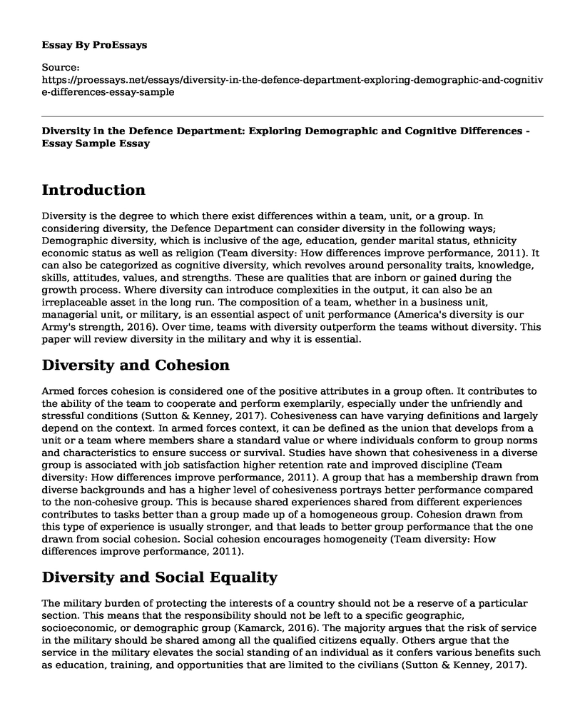 Diversity in the Defence Department: Exploring Demographic and Cognitive Differences - Essay Sample