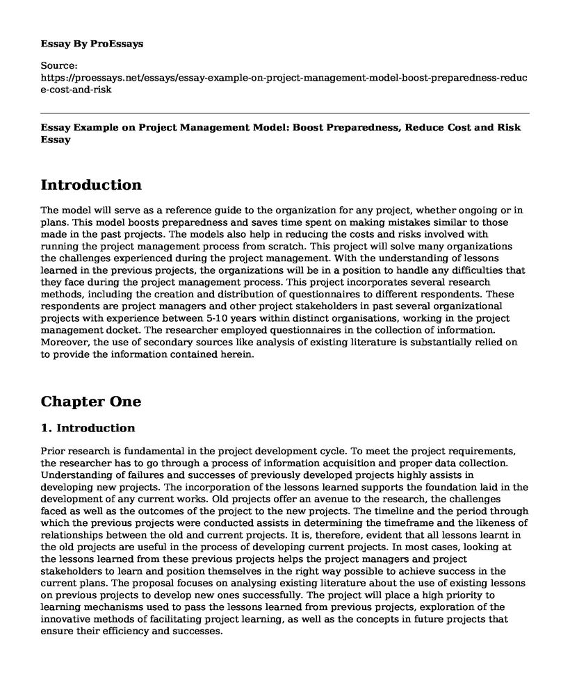 Essay Example on Project Management Model: Boost Preparedness, Reduce Cost and Risk