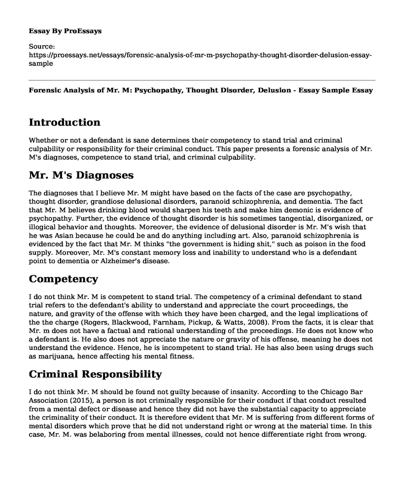 Forensic Analysis of Mr. M: Psychopathy, Thought Disorder, Delusion - Essay Sample