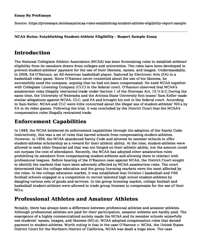 NCAA Rules: Establishing Student-Athlete Eligibility - Report Sample