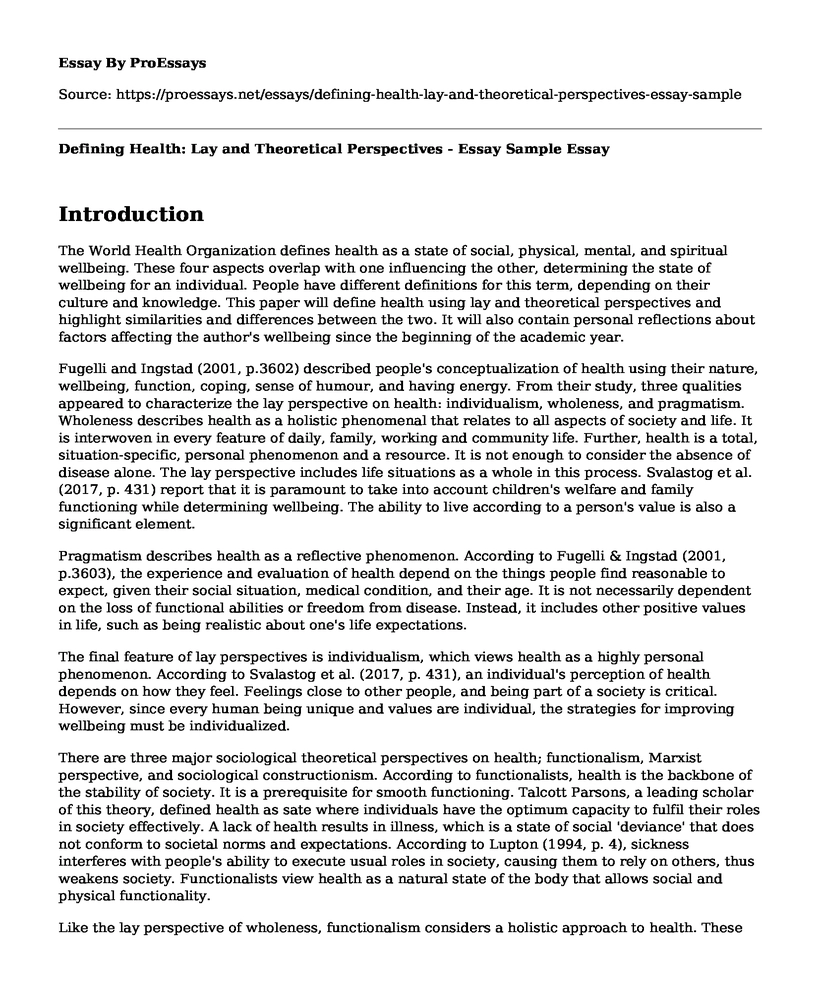 Defining Health: Lay and Theoretical Perspectives - Essay Sample