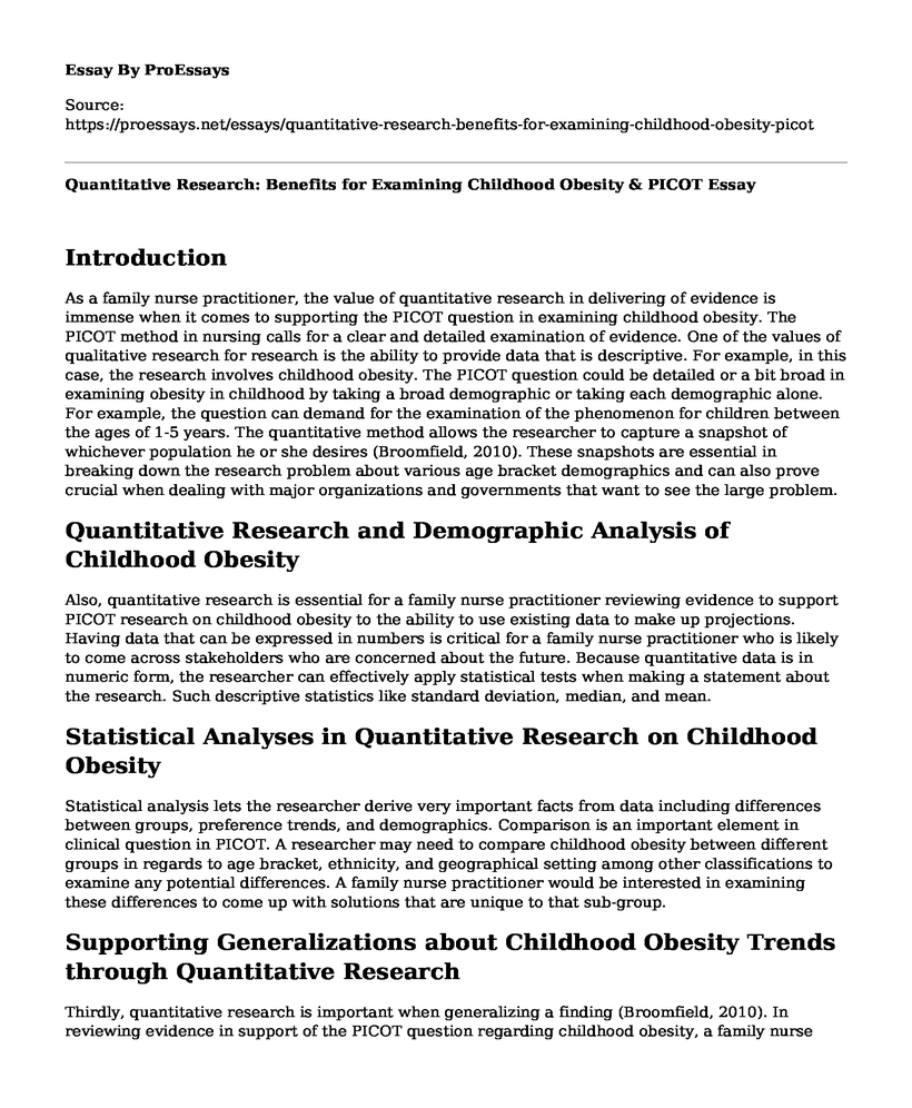 Quantitative Research: Benefits for Examining Childhood Obesity & PICOT