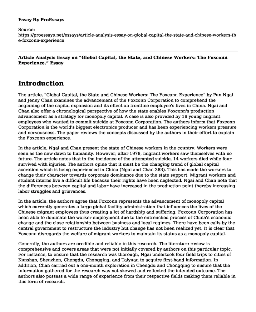 Article Analysis Essay on "Global Capital, the State, and Chinese Workers: The Foxconn Experience."